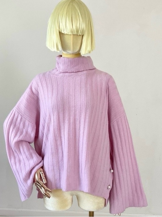 Milly Sweaters - Milly Pink Ribbed Turtleneck Sweater with Side Pearl Buttons